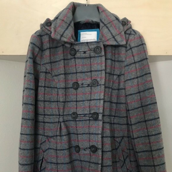 Women's blue check pea coat winter wool blend
